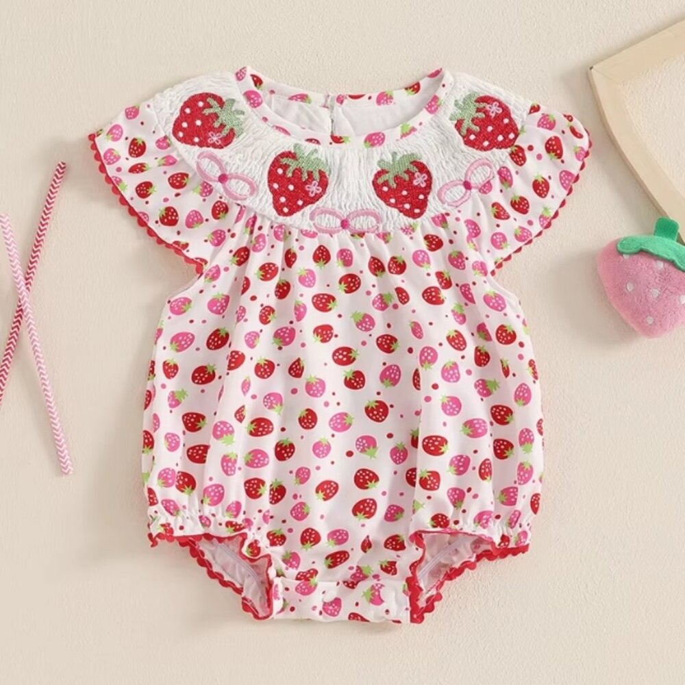 Strawberry Bows Baby Girls Bubble Romper Jumpsuit